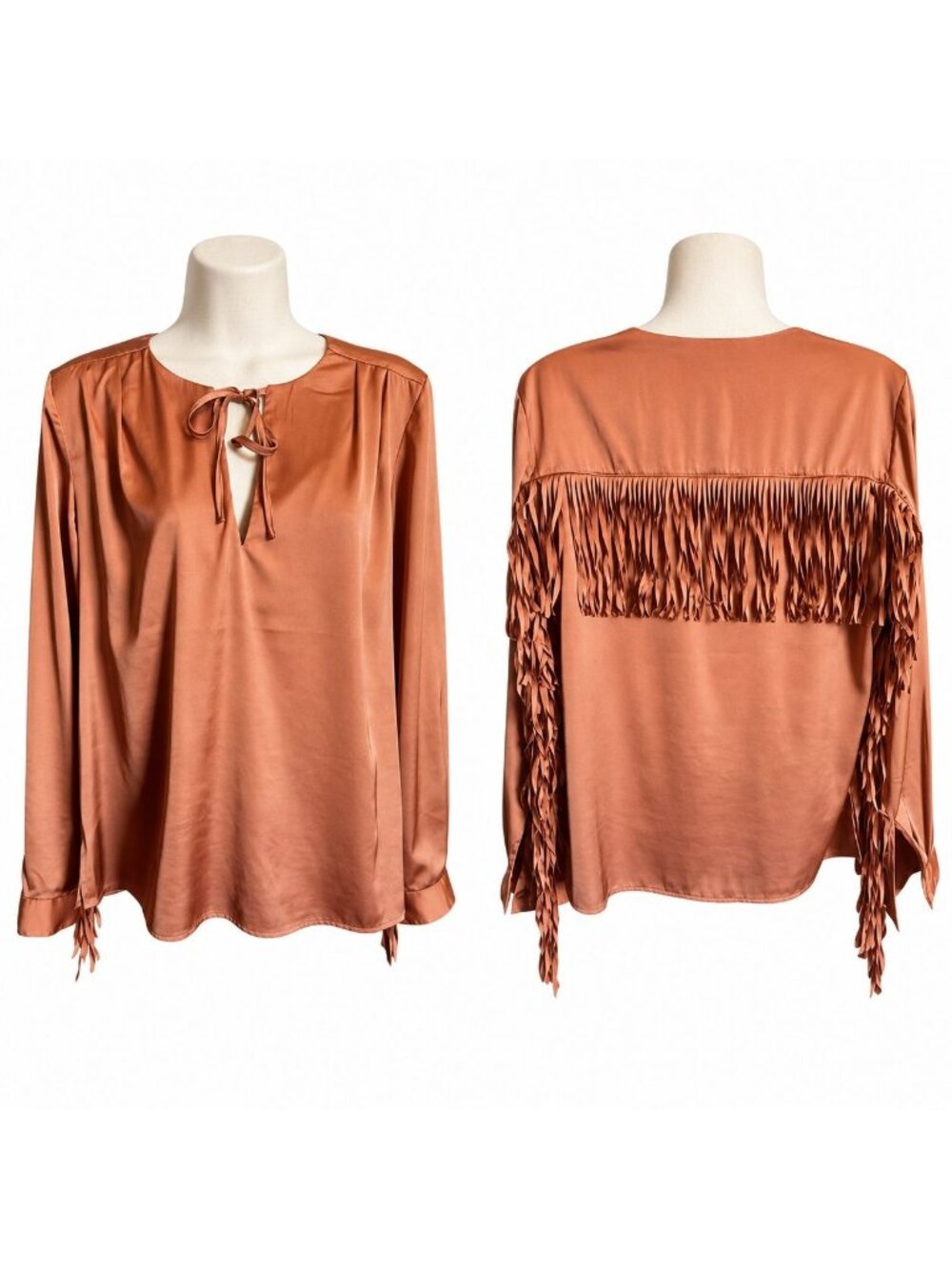 Boston Proper Sz S Copper Satin Fringe Blouse Top Western Cowgirl Boho Concert